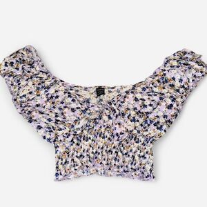 Purple Floral, Cap Sleeve, Tie-Front, Cropped Blouse